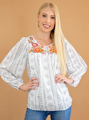 Embroidered Balloon Sleeve Blouse