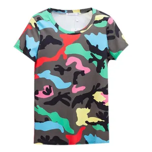 Fashion Camouflage T Shirt Women Style Contrast Color Printed Short-sleeve Round Neck Personality High Tops