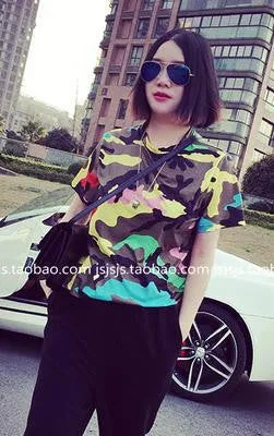 Fashion Camouflage T Shirt Women Style Contrast Color Printed Short-sleeve Round Neck Personality High Tops
