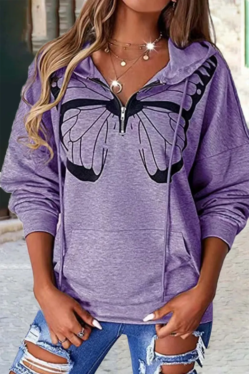 Fashion Casual Print Patchwork Hooded Collar Tops