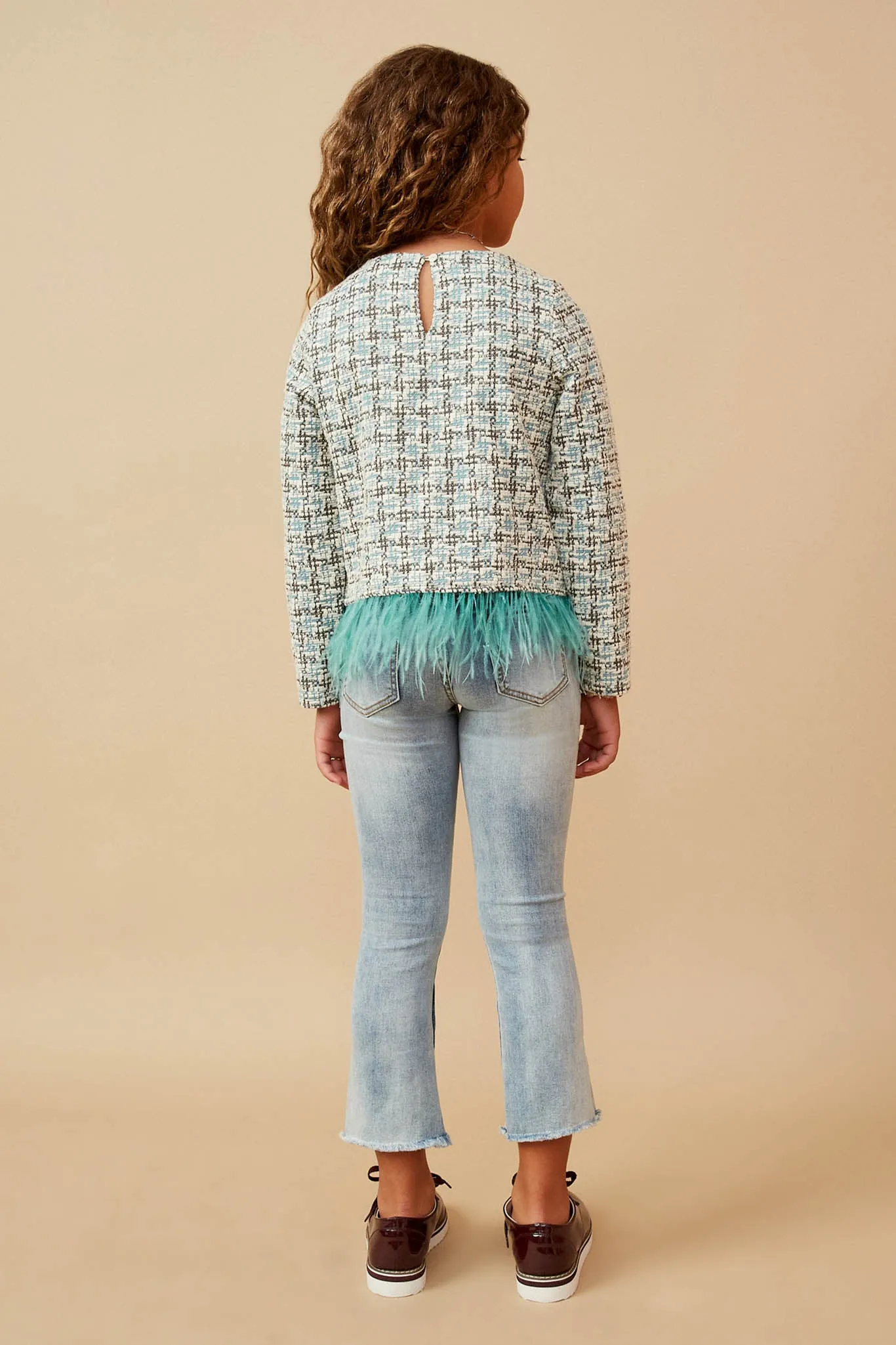 Feather Trimmed Long Sleeve Tweed Top