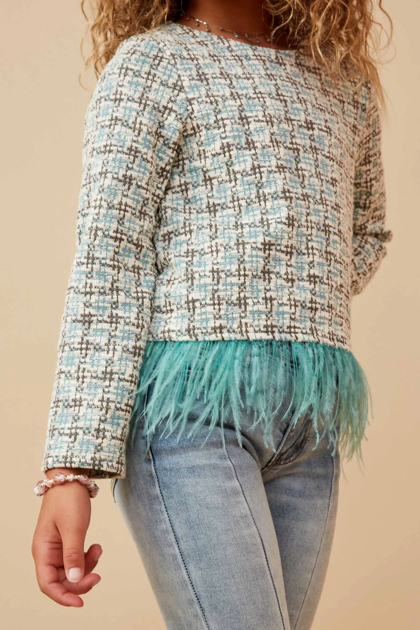 Feather Trimmed Long Sleeve Tweed Top