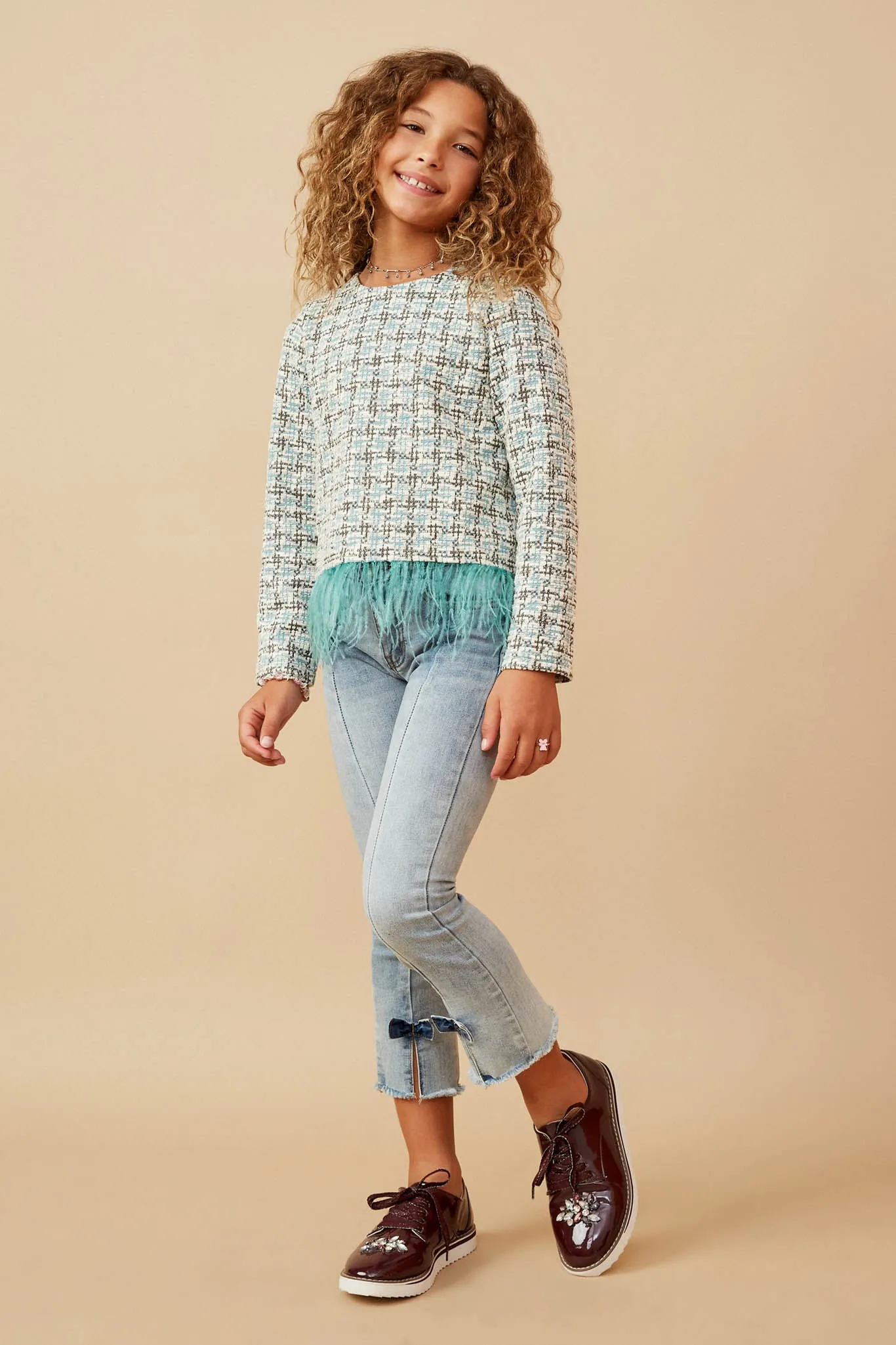 Feather Trimmed Long Sleeve Tweed Top