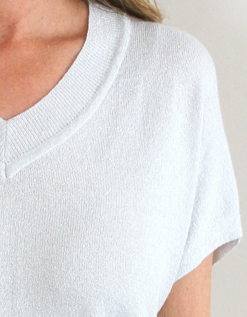Frankies V-Neck Lurex Tee - White/Silver