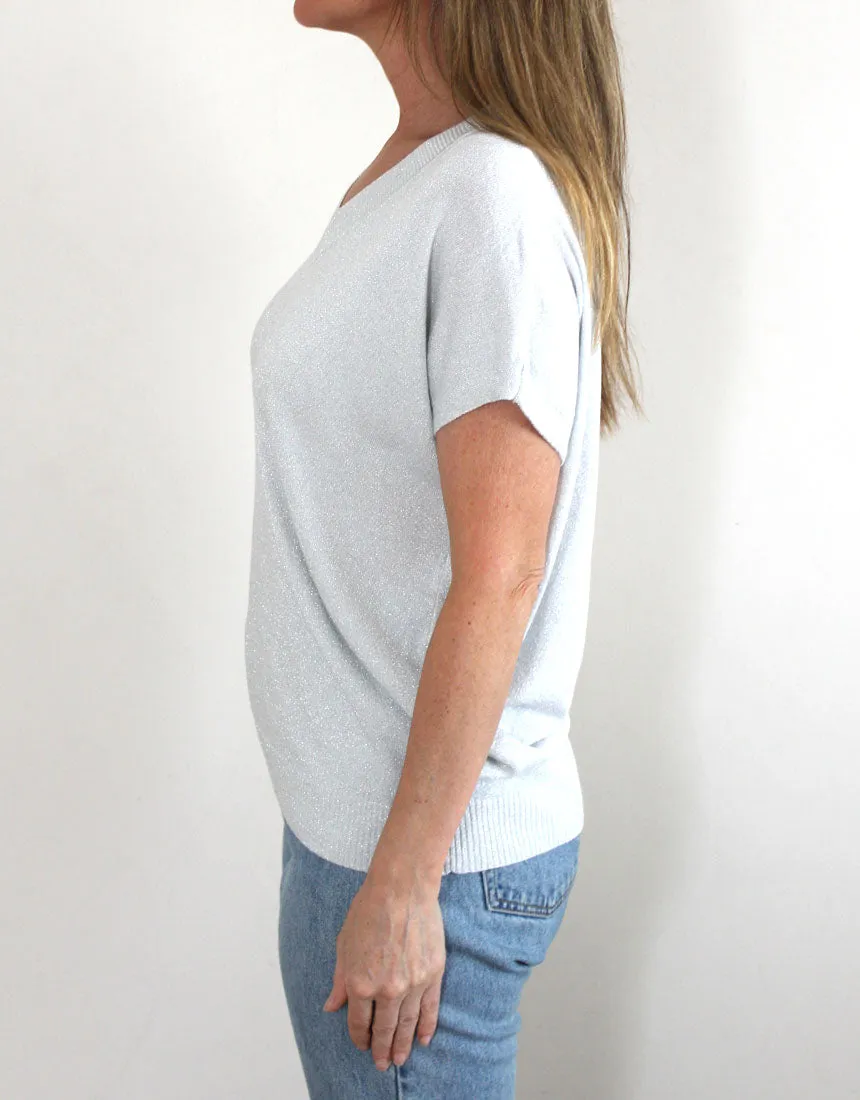 Frankies V-Neck Lurex Tee - White/Silver