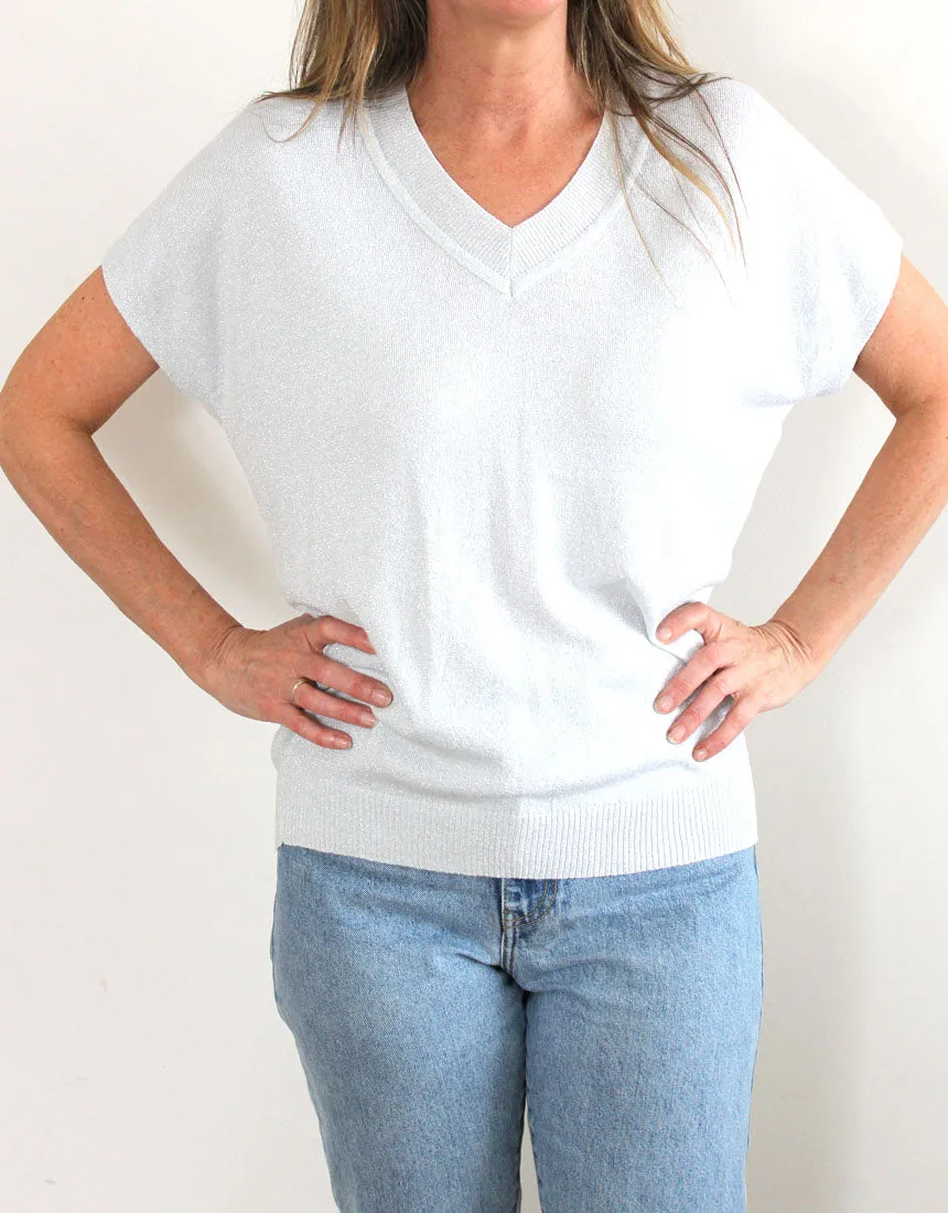 Frankies V-Neck Lurex Tee - White/Silver