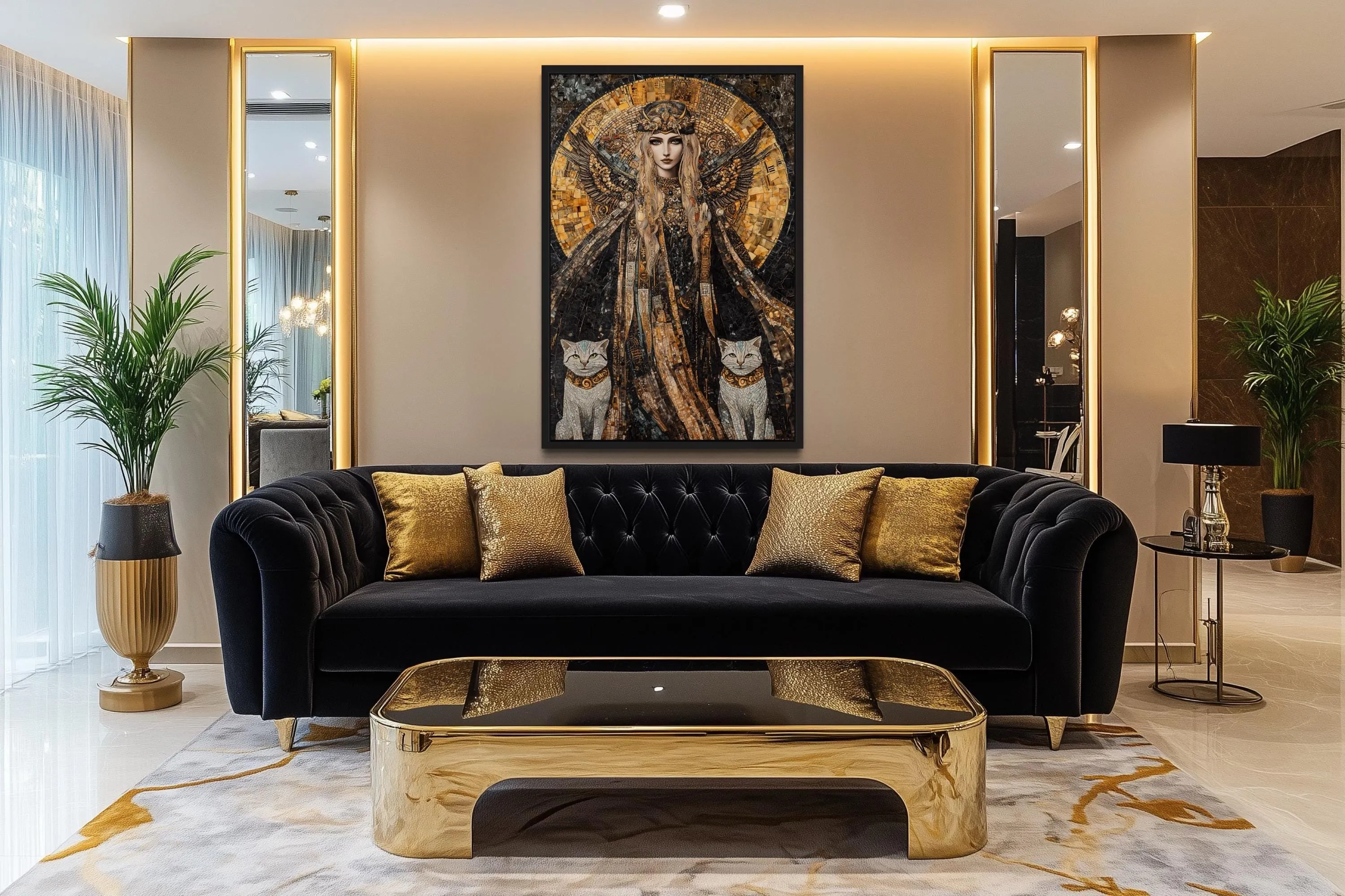 Freya Norse Goddess With Her Cats Mosaic Painting Canvas Wall Art