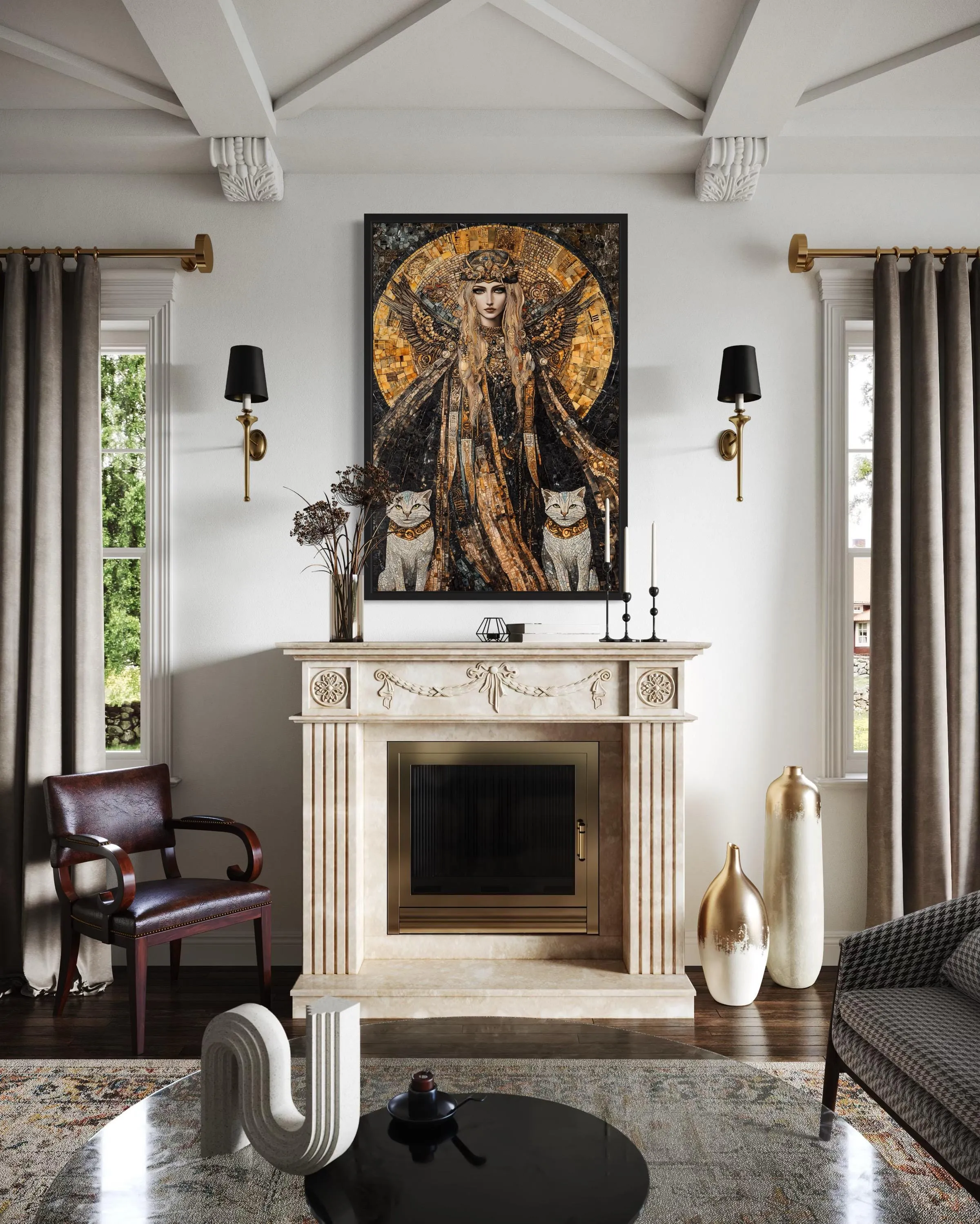 Freya Norse Goddess With Her Cats Mosaic Painting Canvas Wall Art