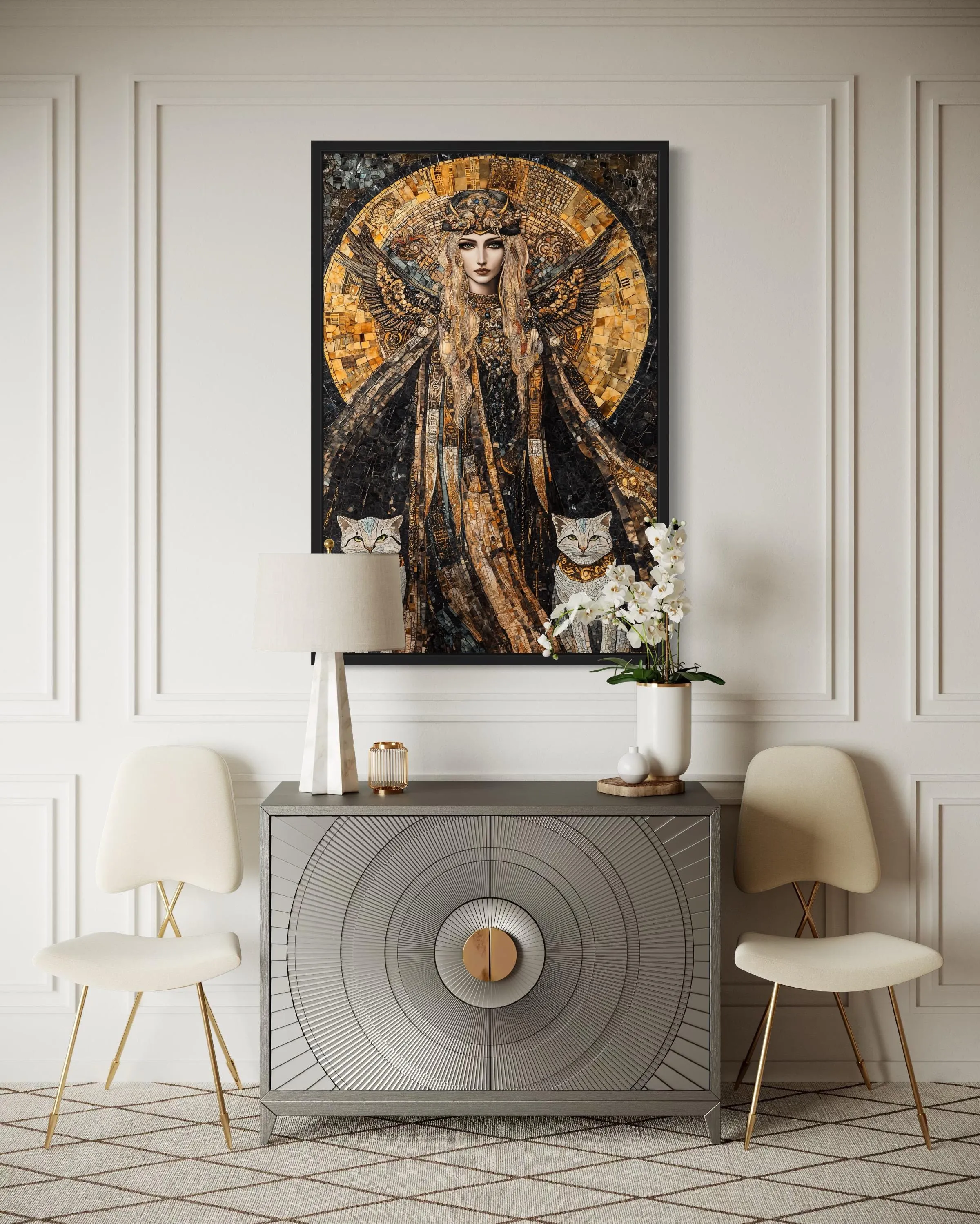 Freya Norse Goddess With Her Cats Mosaic Painting Canvas Wall Art
