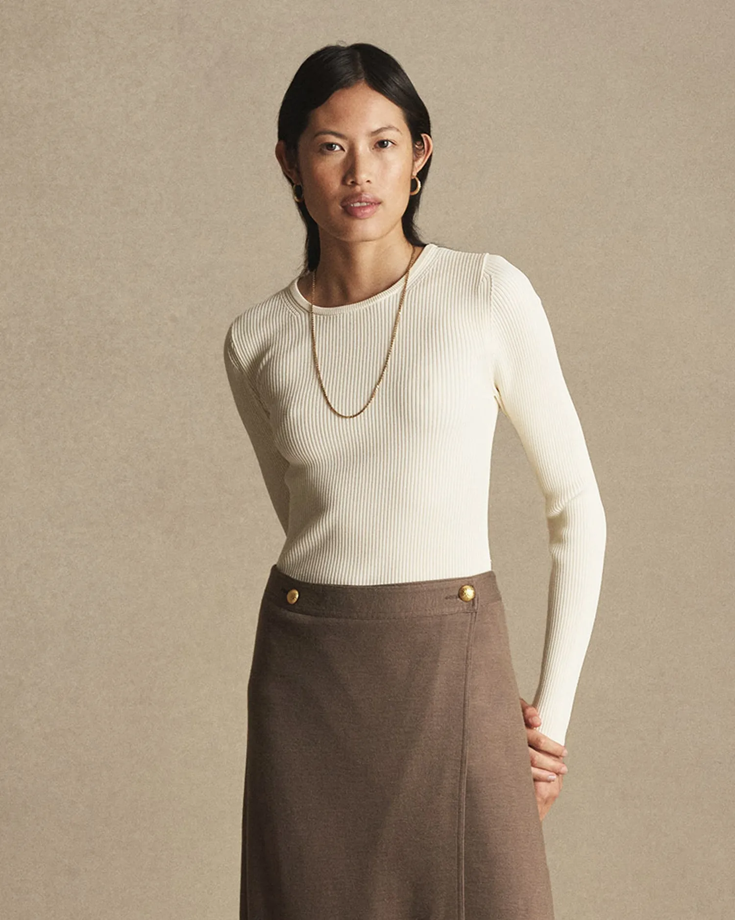 Georgia Rib Knit Long Sleeve Tee - Off White