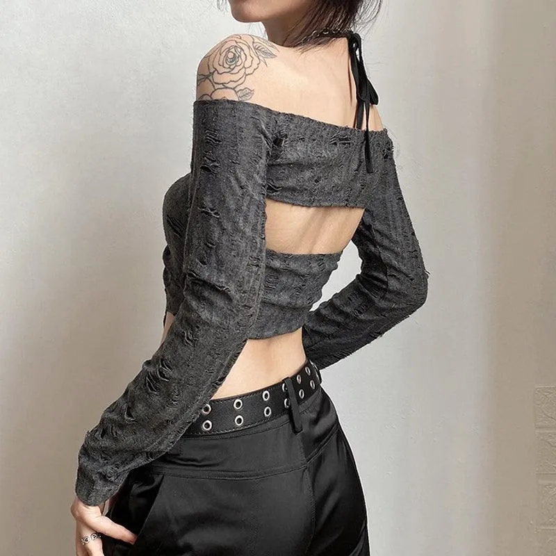 Gothic 2-Piece Set - Buckle Crop Top with Long Sleeves in Dark Vintage Goth Style