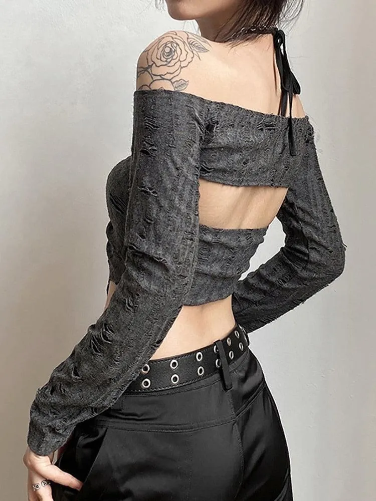 Gothic 2-Piece Set - Buckle Crop Top with Long Sleeves in Dark Vintage Goth Style
