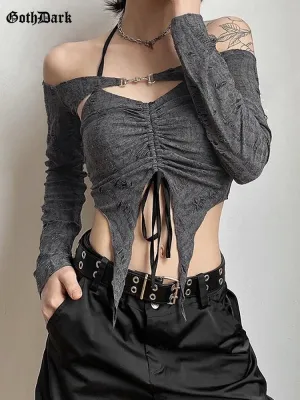 Gothic 2-Piece Set - Buckle Crop Top with Long Sleeves in Dark Vintage Goth Style