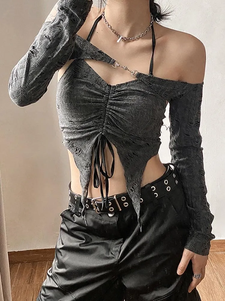 Gothic 2-Piece Set - Buckle Crop Top with Long Sleeves in Dark Vintage Goth Style