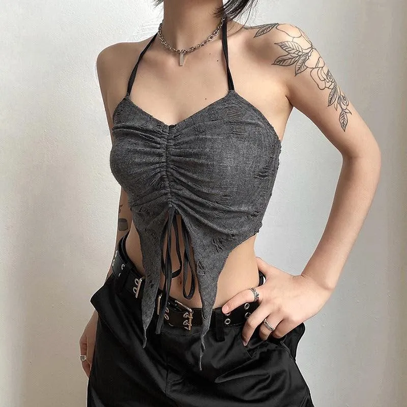 Gothic 2-Piece Set - Buckle Crop Top with Long Sleeves in Dark Vintage Goth Style