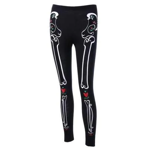 Halloween Heart Skull Bone Leggings - Black M