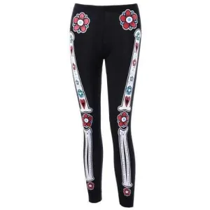 Halloween Skull Bone Floral Leggings - Black M