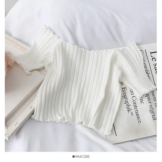 HELIAR Women T-shirt Off Shoulder Knitting Crop Tops Women Fashion Solid Short Sleeve Skinny T-shirts Women 2020 Summer