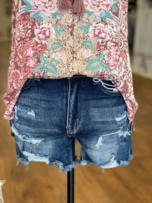 High Rise Dark Wash Distressed Shorts