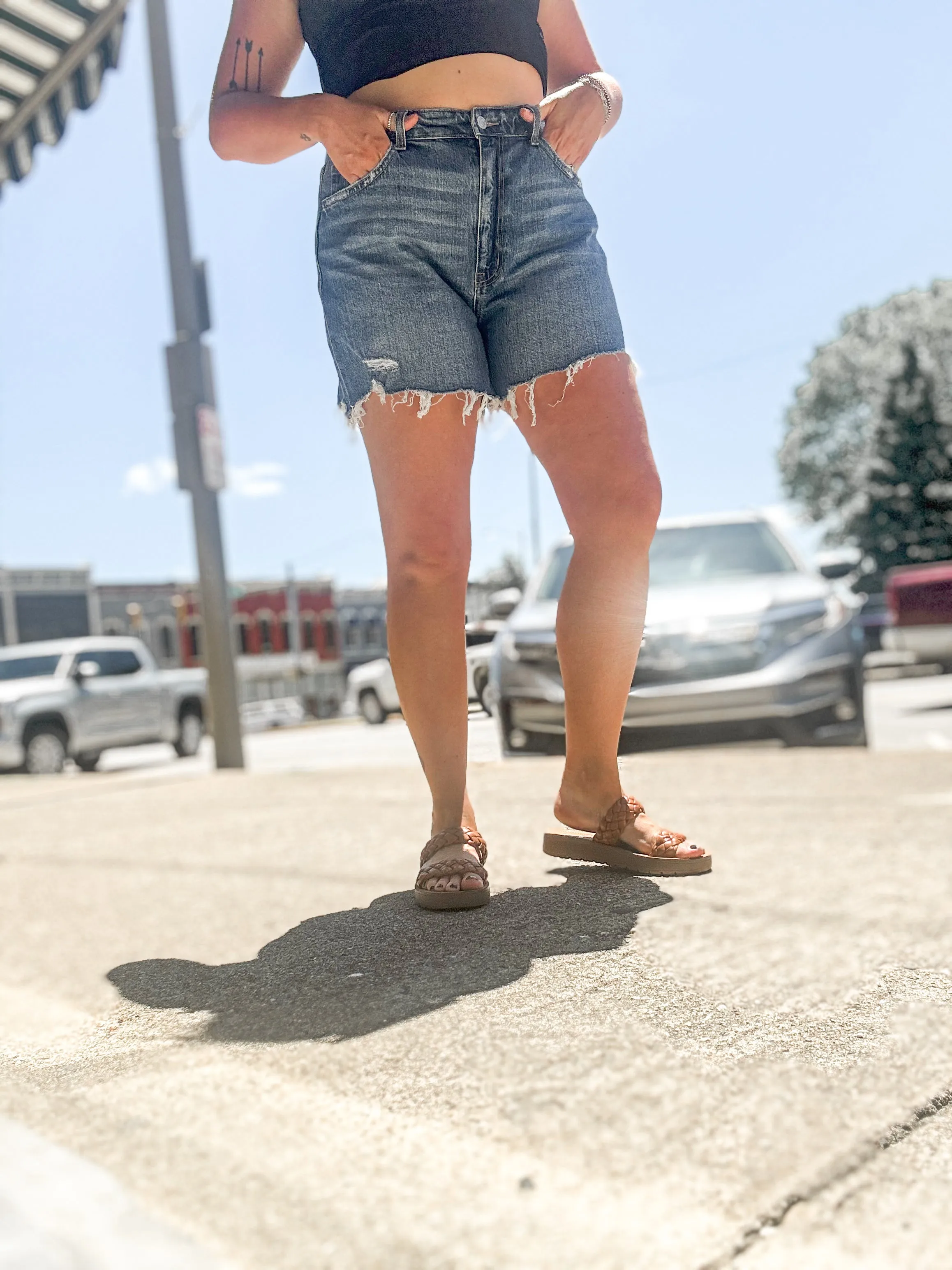 High Rise Distressed Hem Shorts