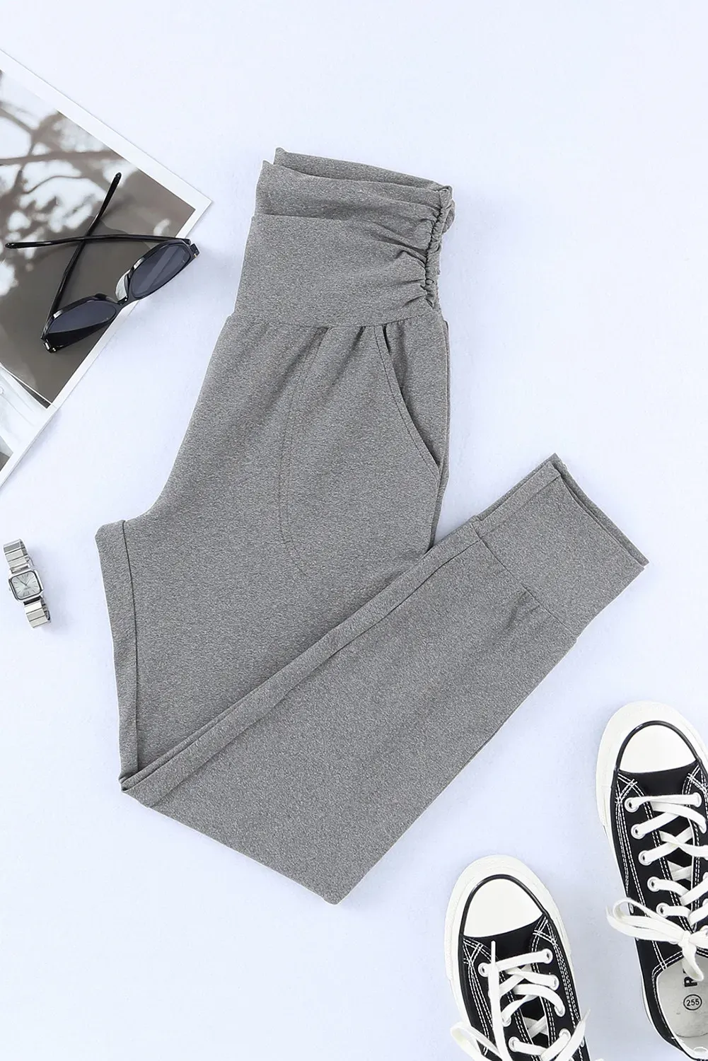 High Waist Pleated Leggings Pants With Pockets