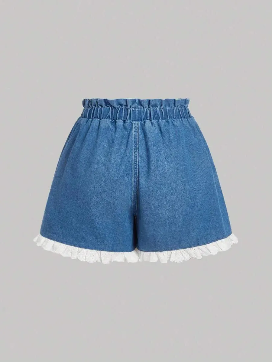 Katherine Denim Shorts Women Lace Trim Casual Wear in Blue