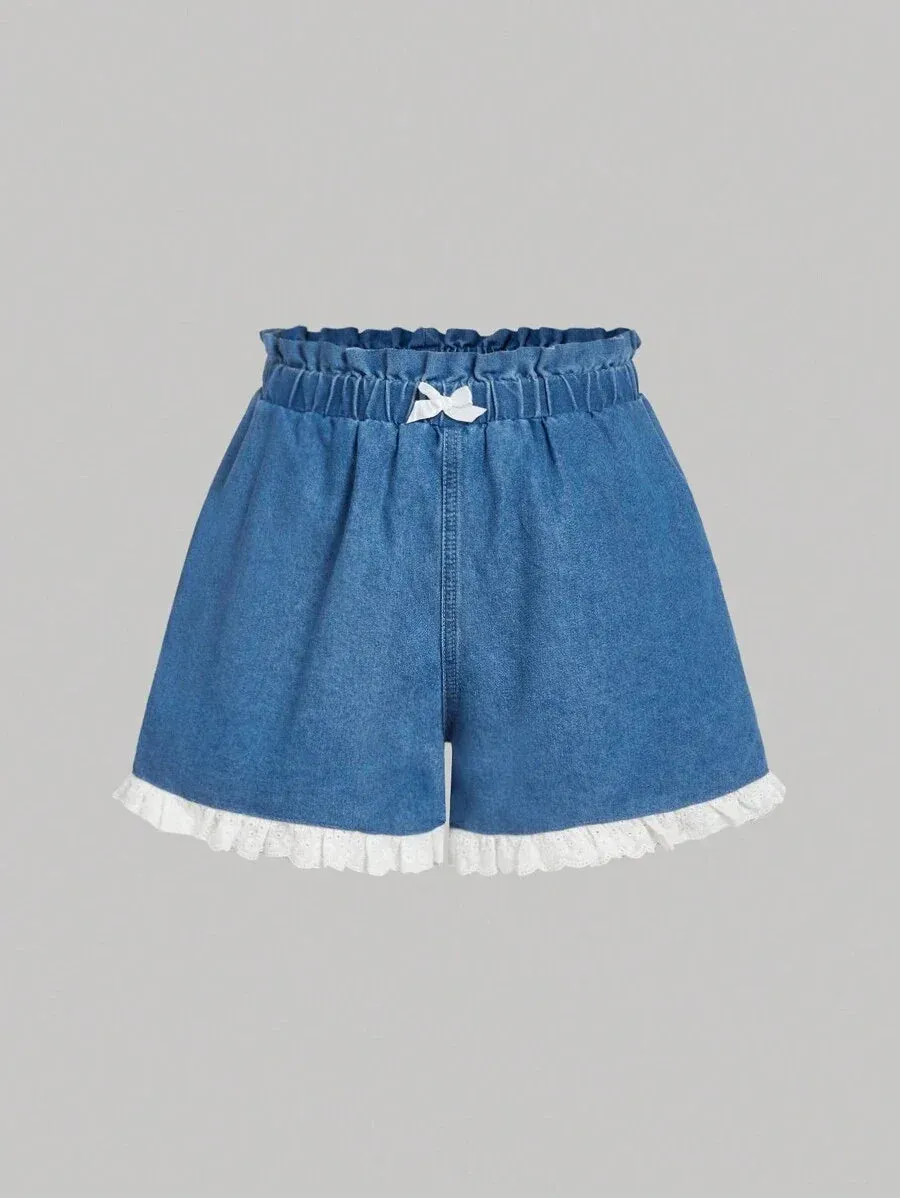Katherine Denim Shorts Women Lace Trim Casual Wear in Blue