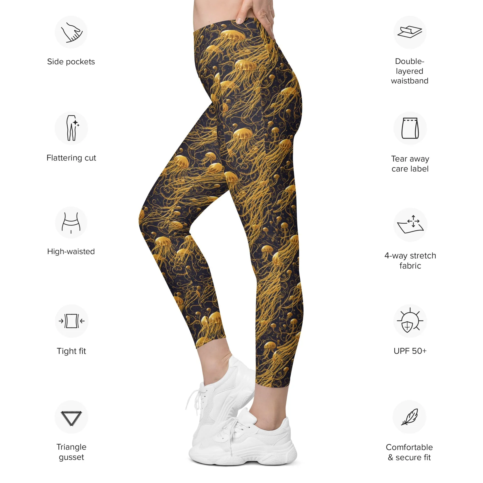 Leggings with Pockets Black and Gold Jellyfishes