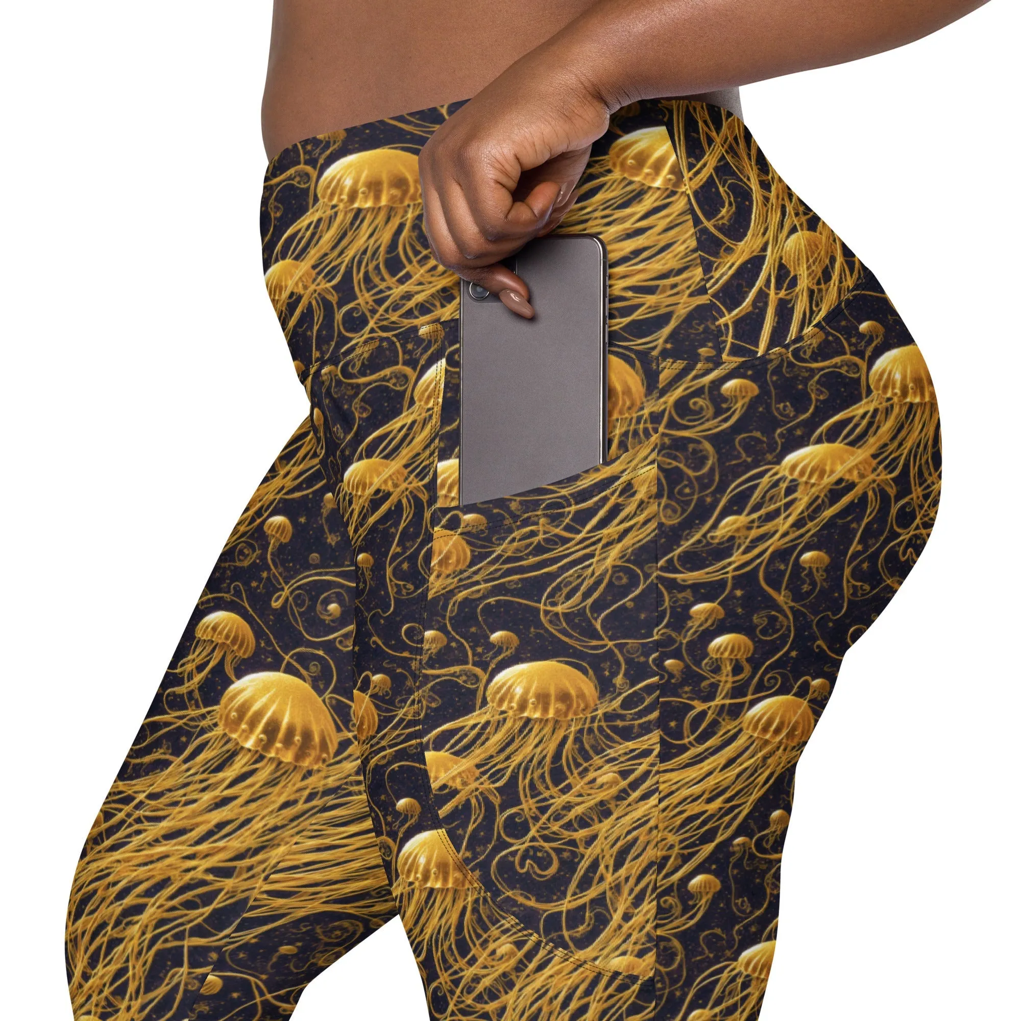 Leggings with Pockets Black and Gold Jellyfishes