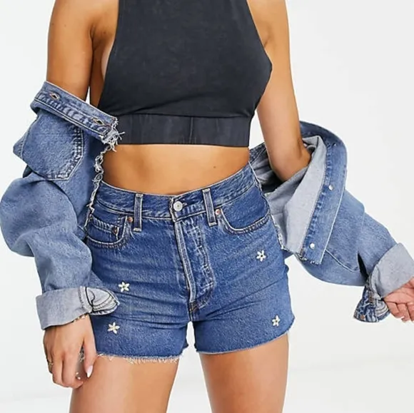 Levi's Ribcage Daisy Flower Embroidered Cutoff Jean Shorts