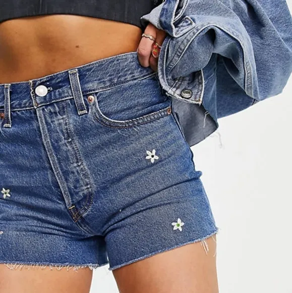 Levi's Ribcage Daisy Flower Embroidered Cutoff Jean Shorts