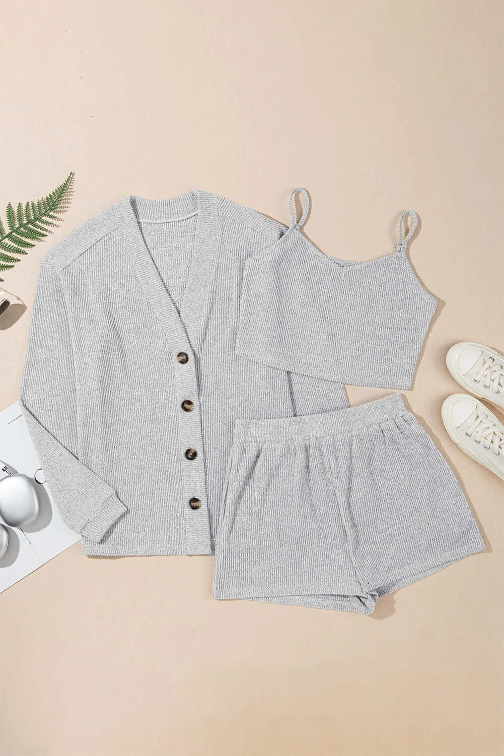 Light Grey 3 Pieces Rib Crop Camisole Matching Shorts Lounge Set with Cardigan
