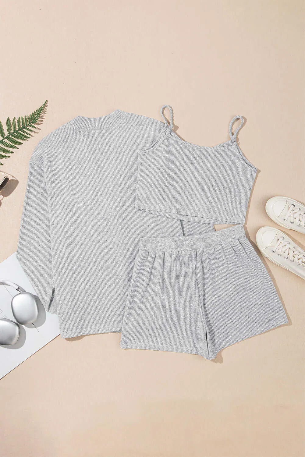 Light Grey 3 Pieces Rib Crop Camisole Matching Shorts Lounge Set with Cardigan