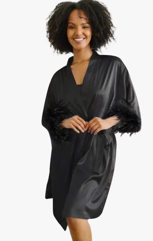Long Feather Trim Satin Robe