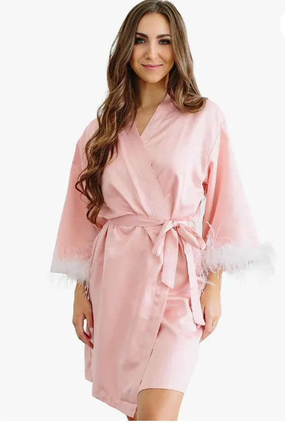 Long Feather Trim Satin Robe