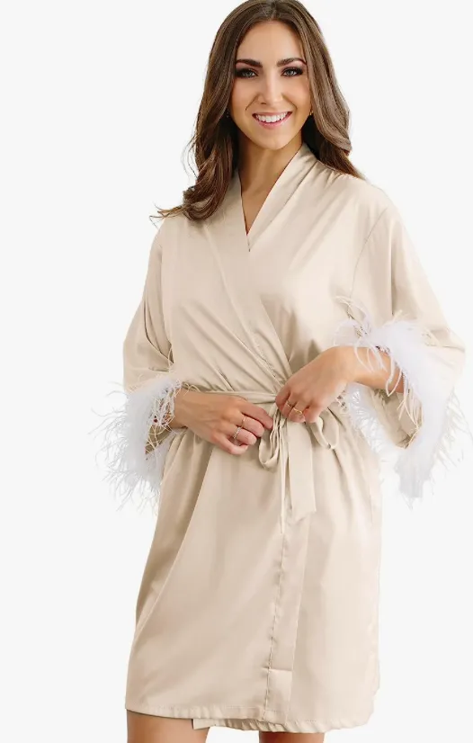 Long Feather Trim Satin Robe