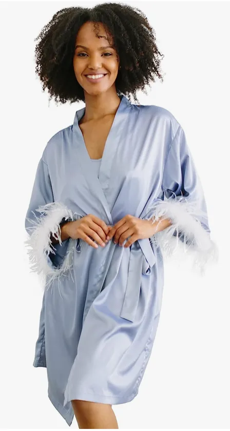 Long Feather Trim Satin Robe