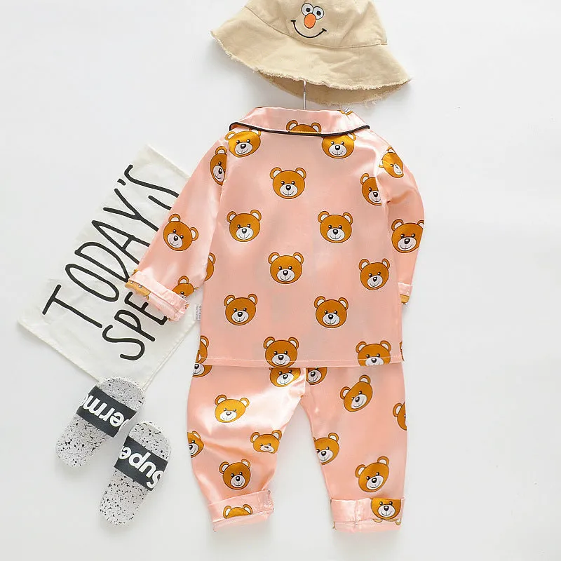 Long sleeve ice silk bear pajamas set for boys and girls