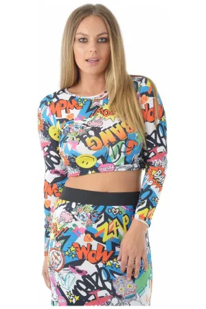 Long Sleeve Printed Crop Tops - Comic