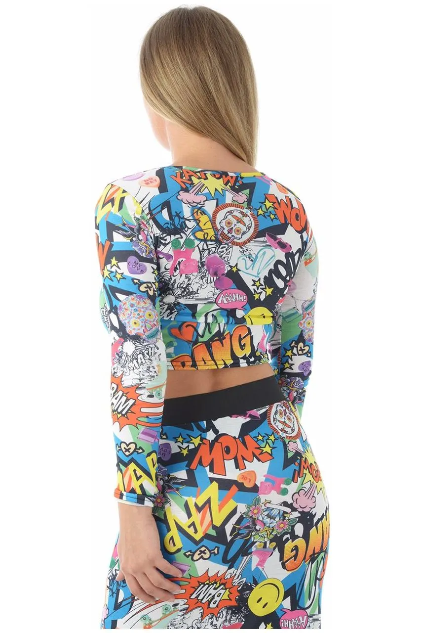 Long Sleeve Printed Crop Tops - Comic
