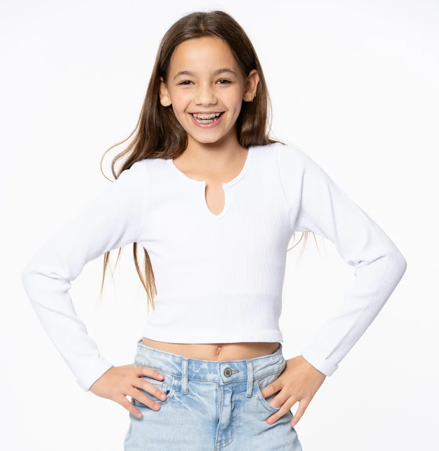 Long Sleeve Ribbed Top with Slit Neck