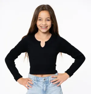 Long Sleeve Ribbed Top with Slit Neck