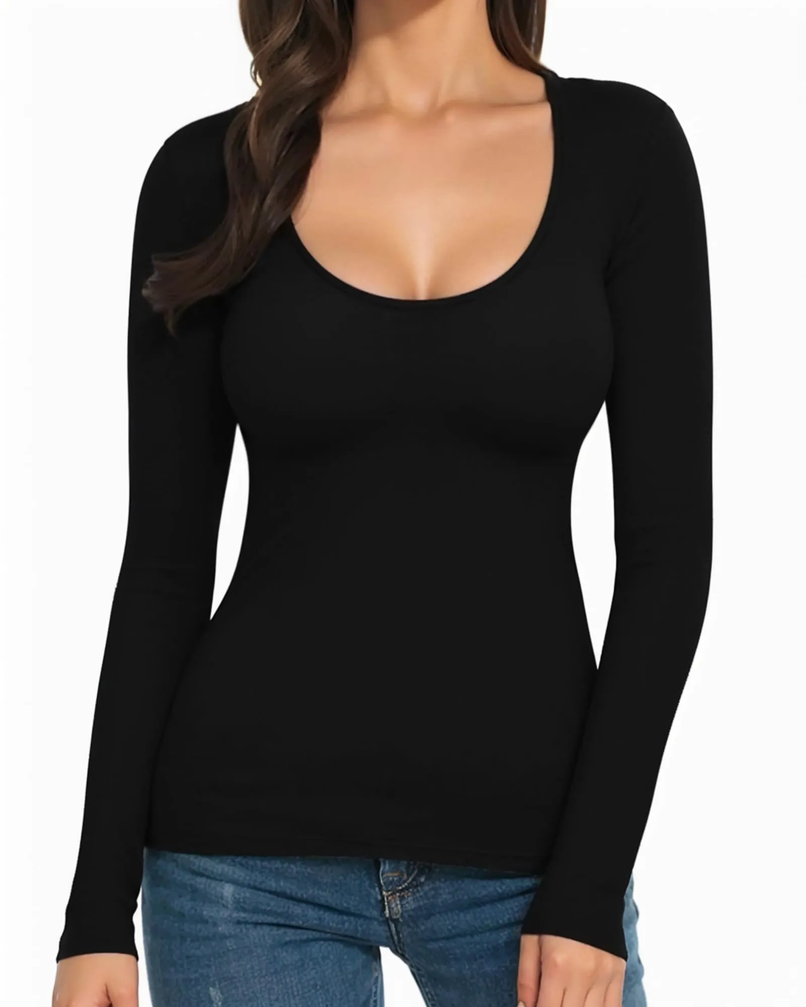 MANGOPOP Womens Scoop Neck Short Sleeve Long Sleeve Slim Fit T Shirt Tunic Tops Tee A Long Sleeve Black,