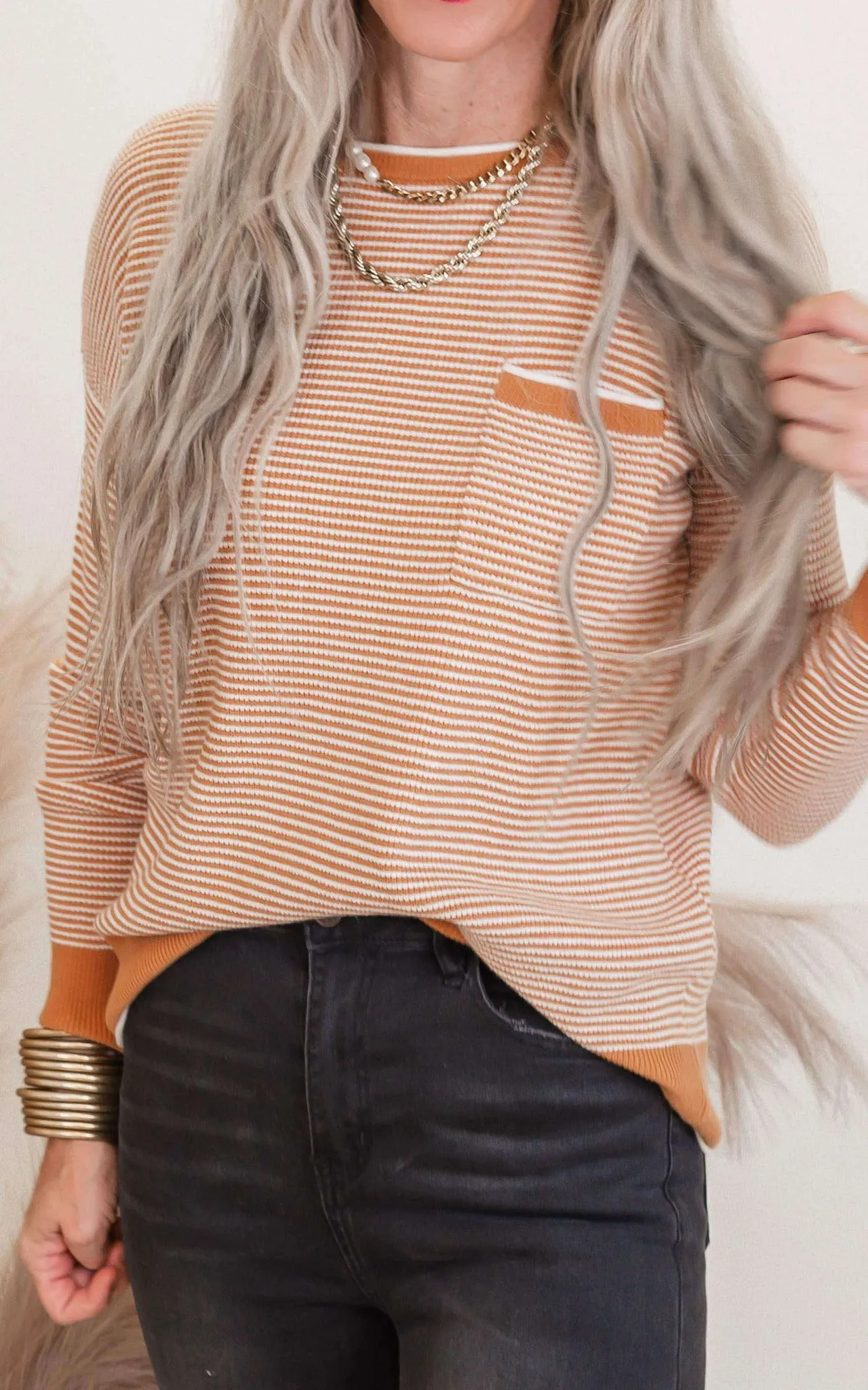 Marigold Waffle Textured Long Sleeve Sweater Top - Final Sale**