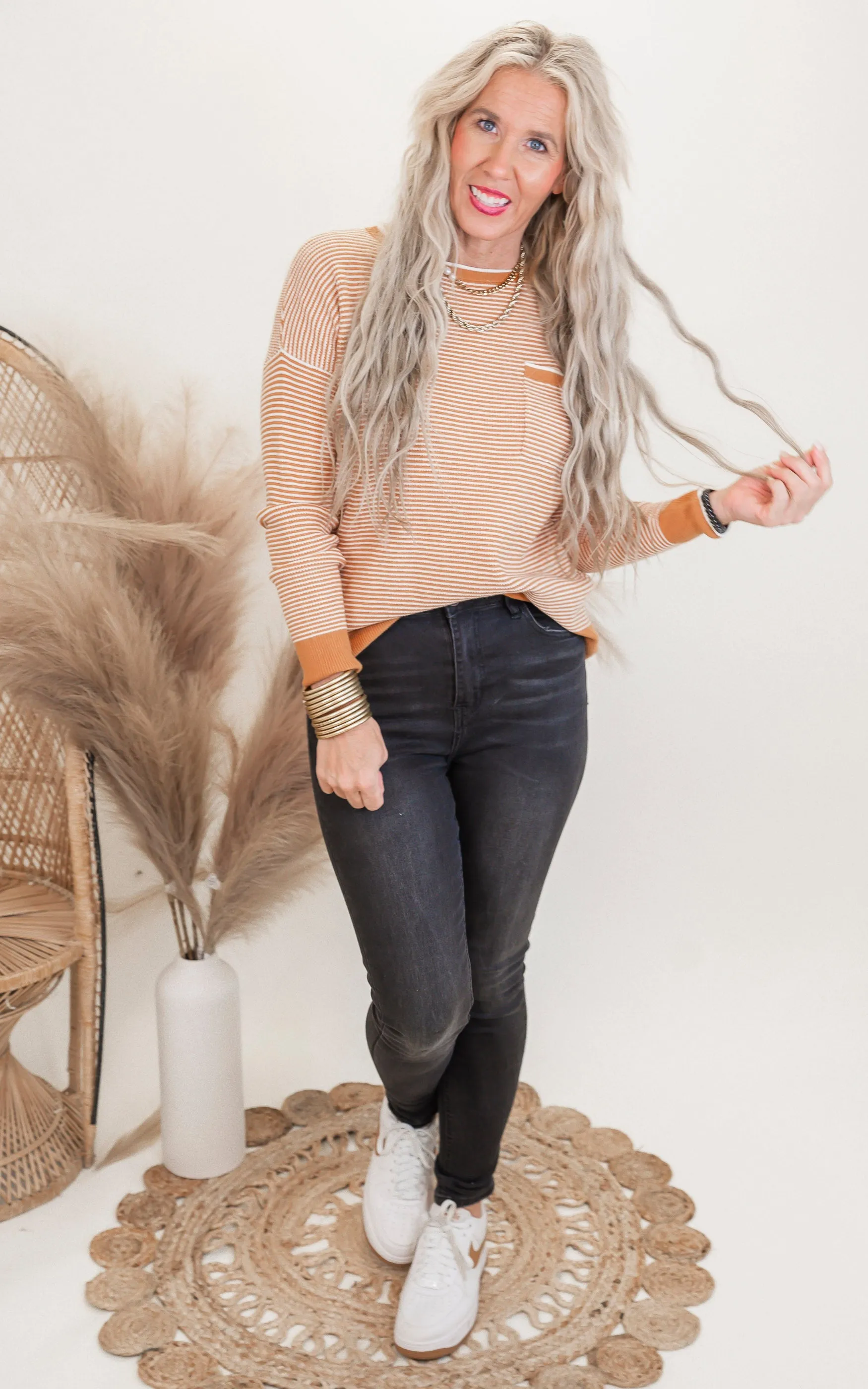 Marigold Waffle Textured Long Sleeve Sweater Top - Final Sale**