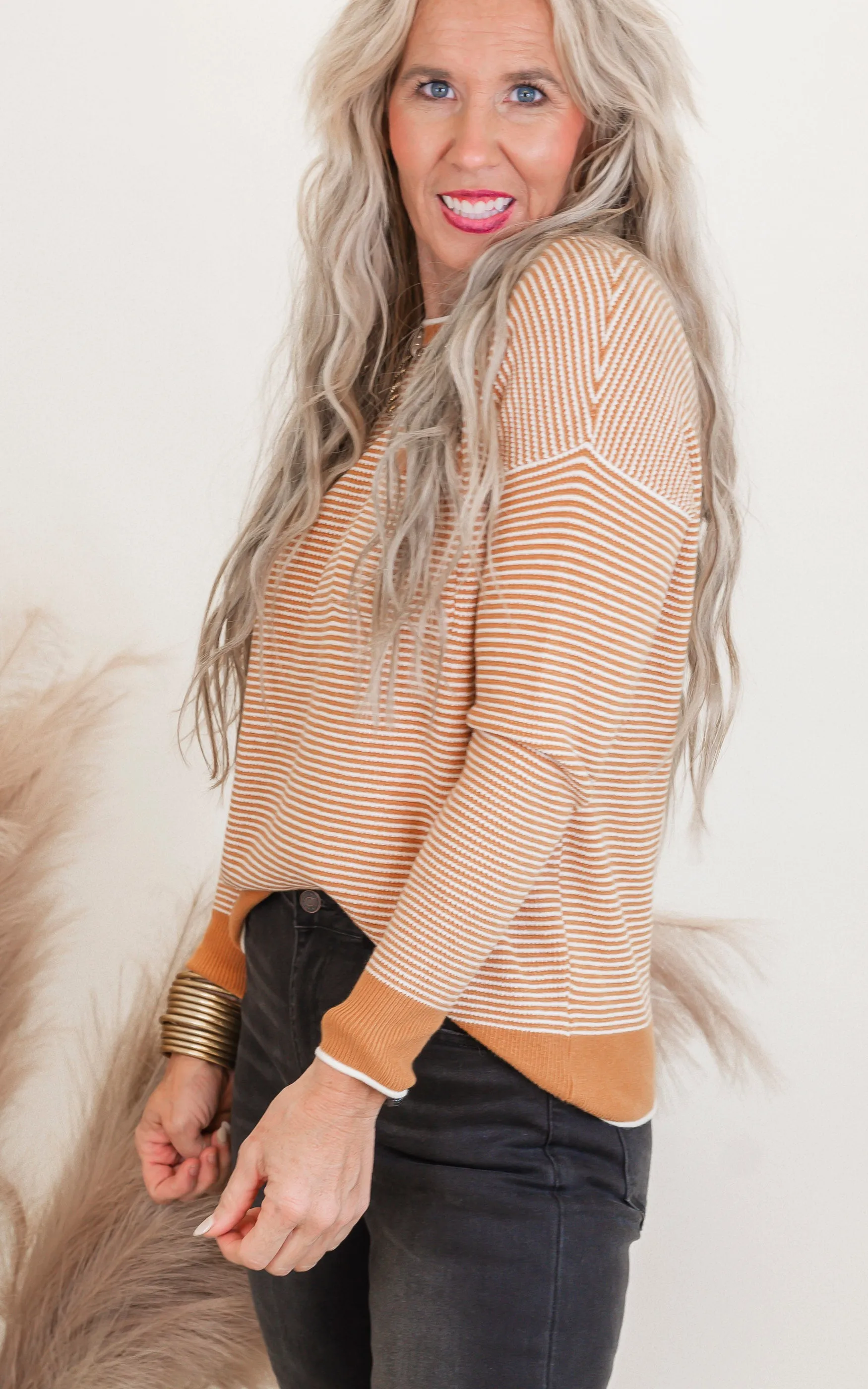 Marigold Waffle Textured Long Sleeve Sweater Top - Final Sale**