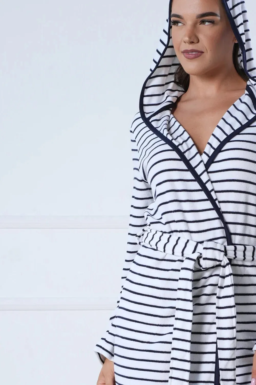 Marine Striped Cotton Blend Short Hooded Robe