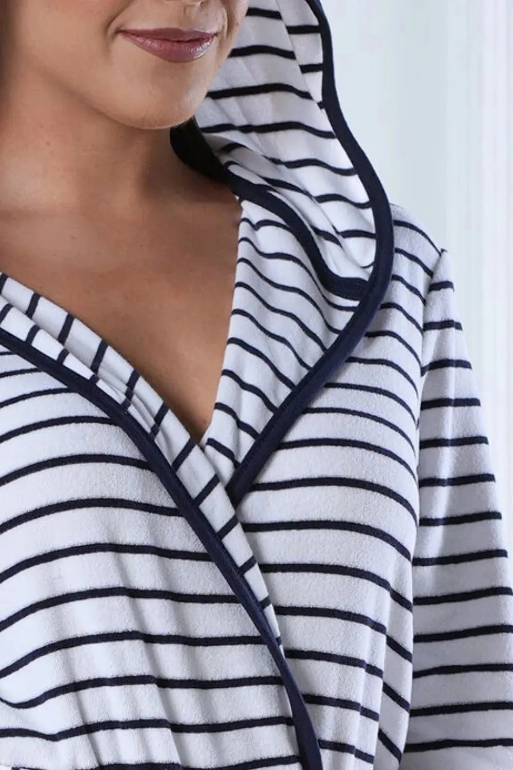 Marine Striped Cotton Blend Short Hooded Robe
