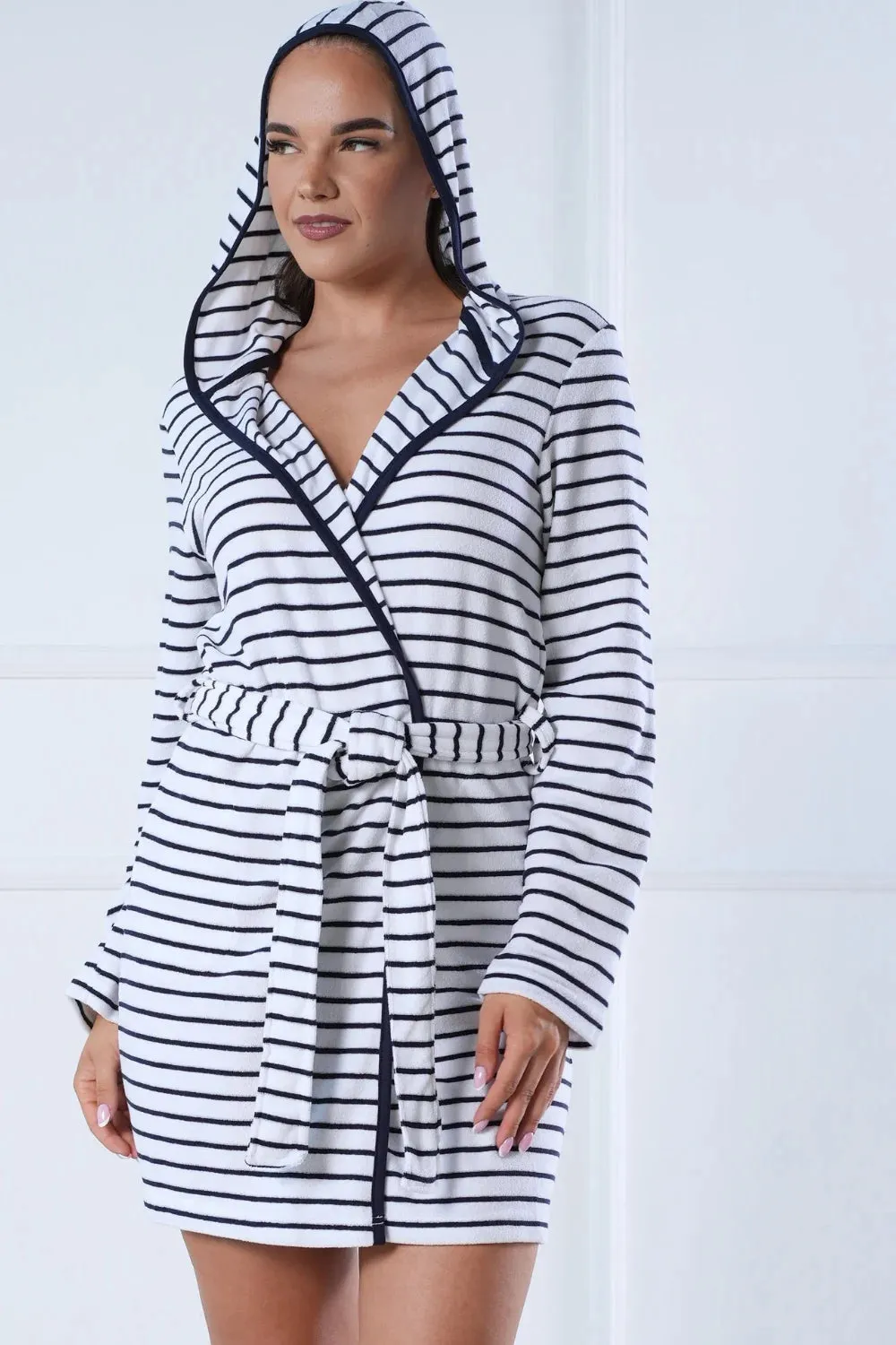 Marine Striped Cotton Blend Short Hooded Robe