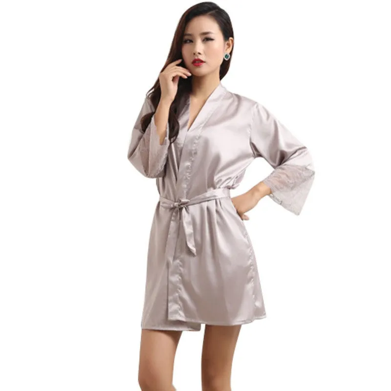 Mid-sleeve Women Deep-V Nightwear Robes Plus Size Lace Silk Female Bathrobes Sleepwear